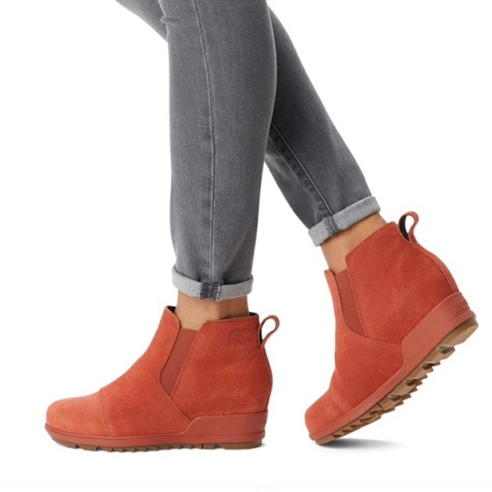 SOREL Evie Pull-On Bootie Waterproof Suede Leather Wedge Ankle Booties Rust 5.5